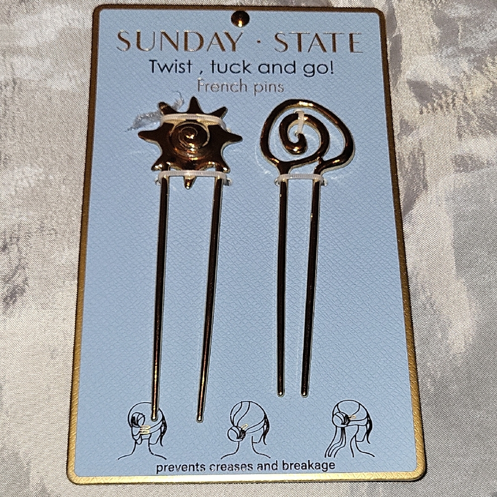 SUNDAY STATE Gold Twist French Hair Pins - Set of 2 Sunburst And Swirl Brand New
